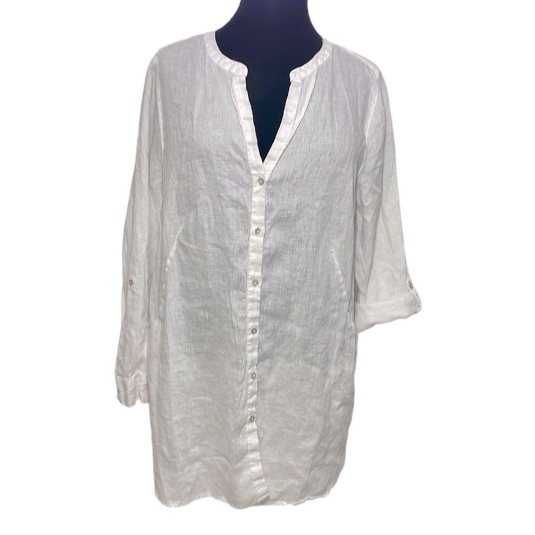 Sigrid Olsen size 1X white 100% linen long sleeve tunic blouse with pockets.