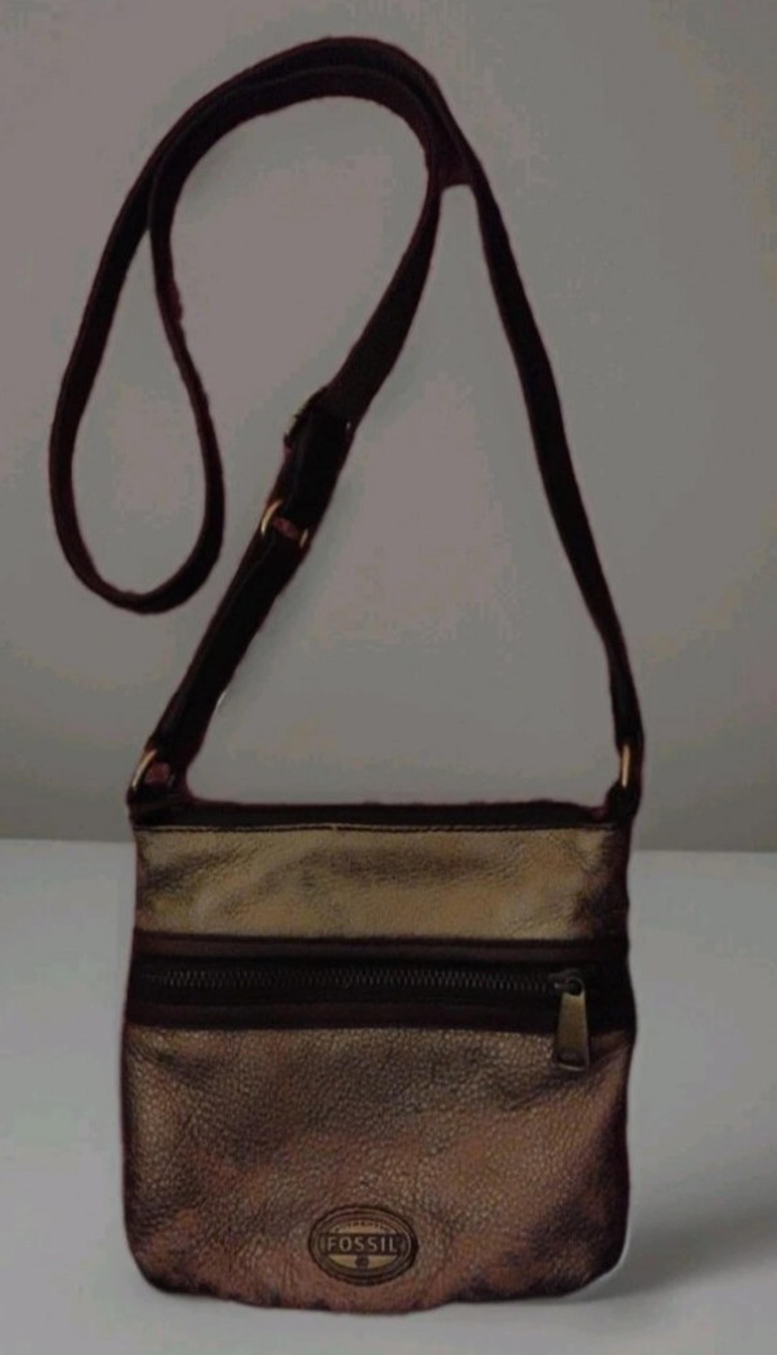 FOSSIL Mini Explorer Leather Messenger Gold Bronze Crossbody Shoulder Bag