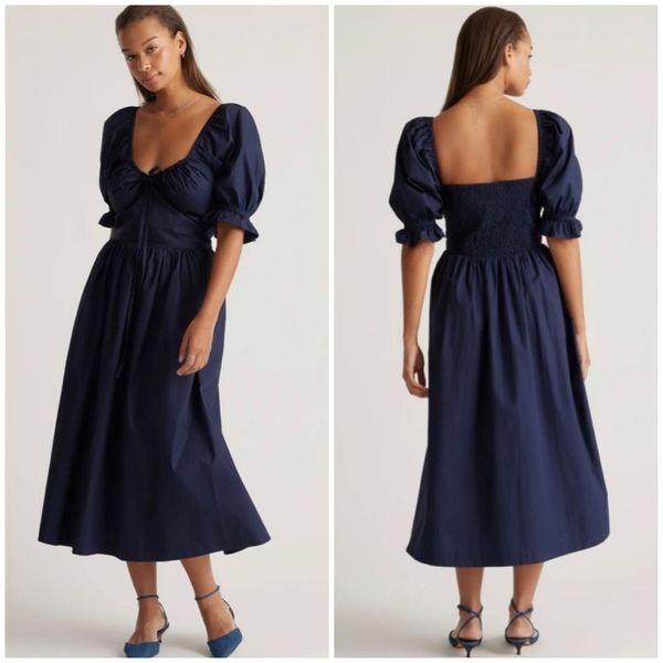 Quince size Small Organic Cotton Puff Sleeve Midi Dress Navy