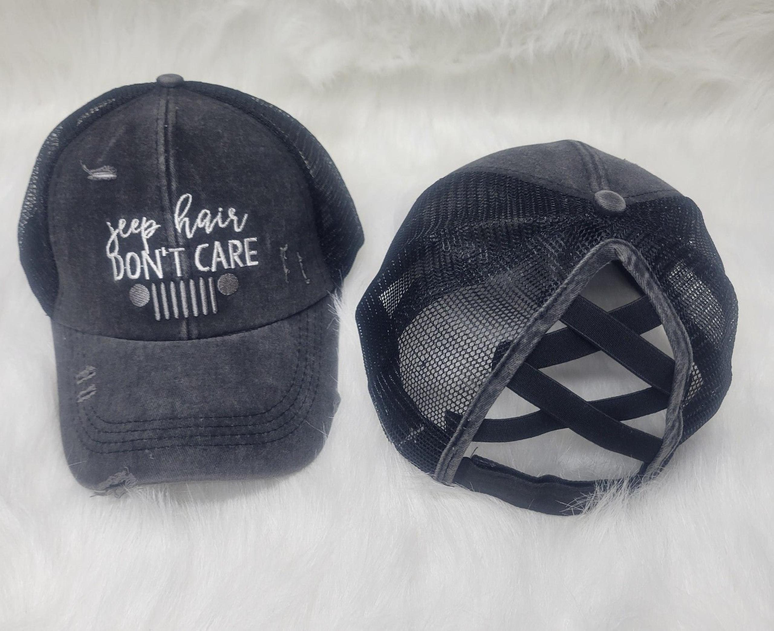 Black embroidered Distressed Jeep Hair Don't Care Criss Cross Ponytail Hat
