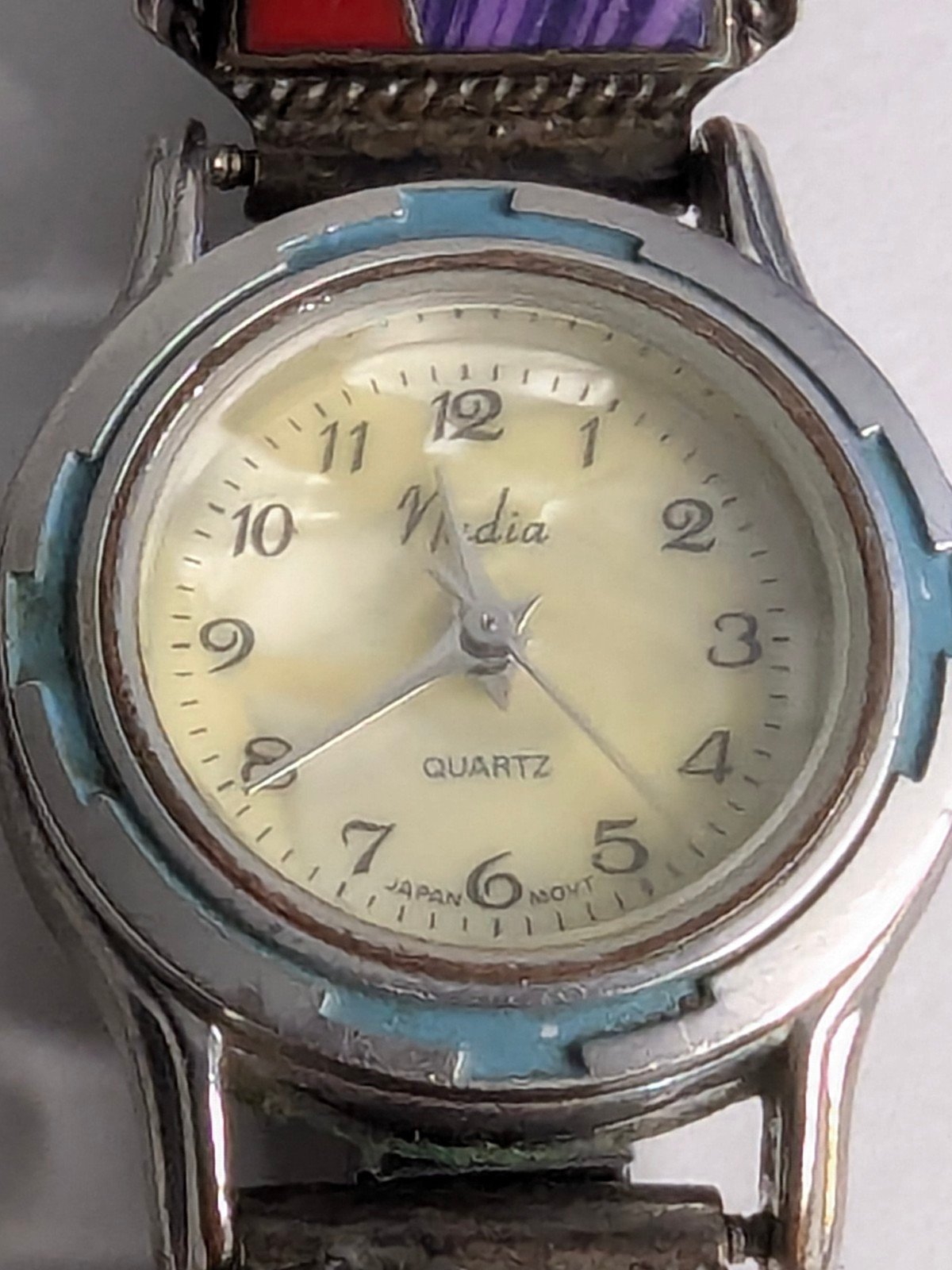 NADIA VINTAGE NATIVE AMERICAN WITH STERLING SILVER MULTI GEMSTONE INLAY BAND