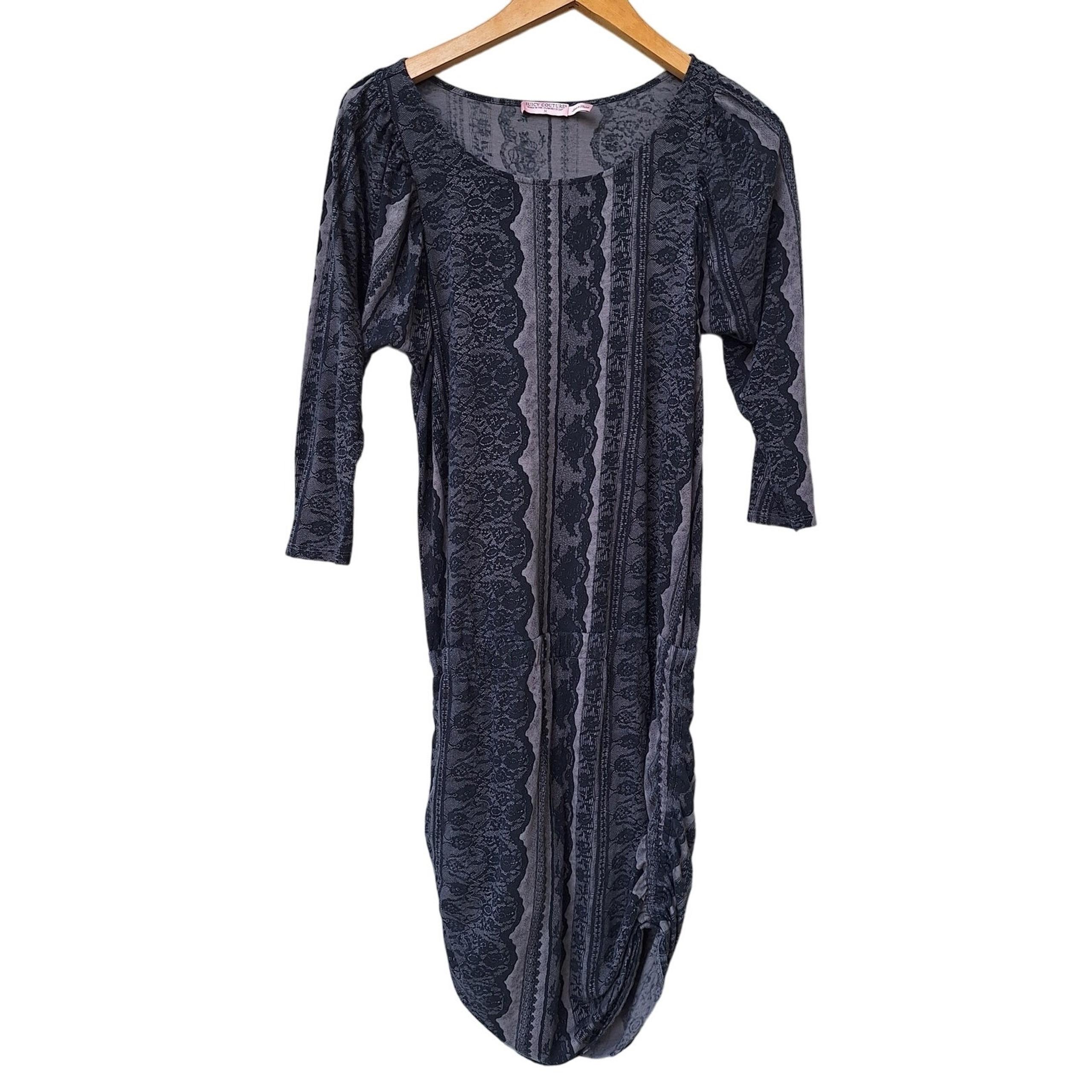 Juicy Couture Y2K Goth Punk Emo Faux Lace Batwing Black Gray Ruched Mini Dress M
