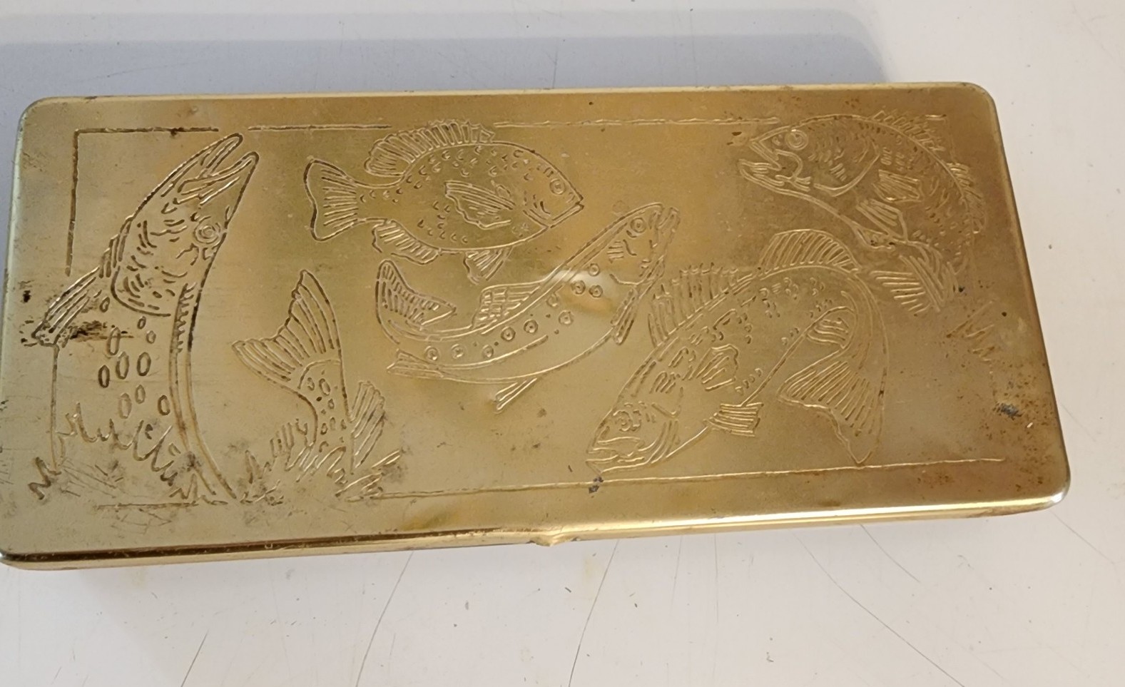 Vintage Brass Lid Tackle Box with Fish Impressions