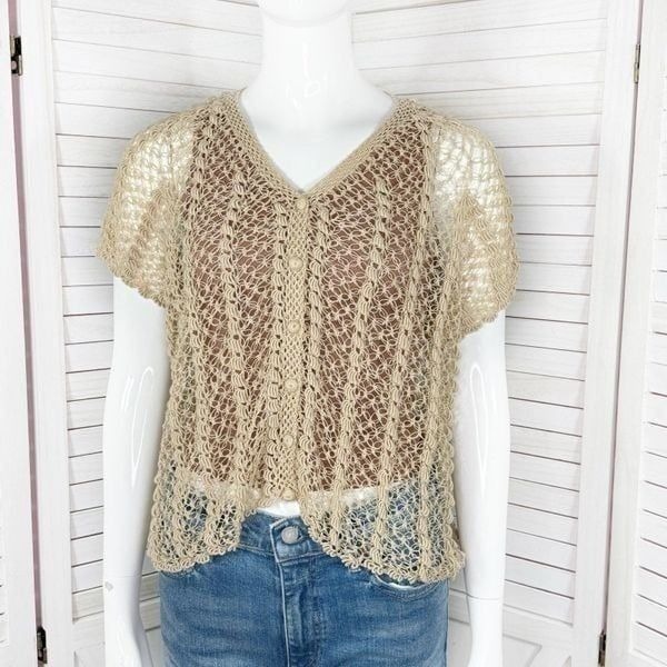 Vintage Crocheted Lace Sheer Topper Cardigan Button Up Tan Sheer Medium