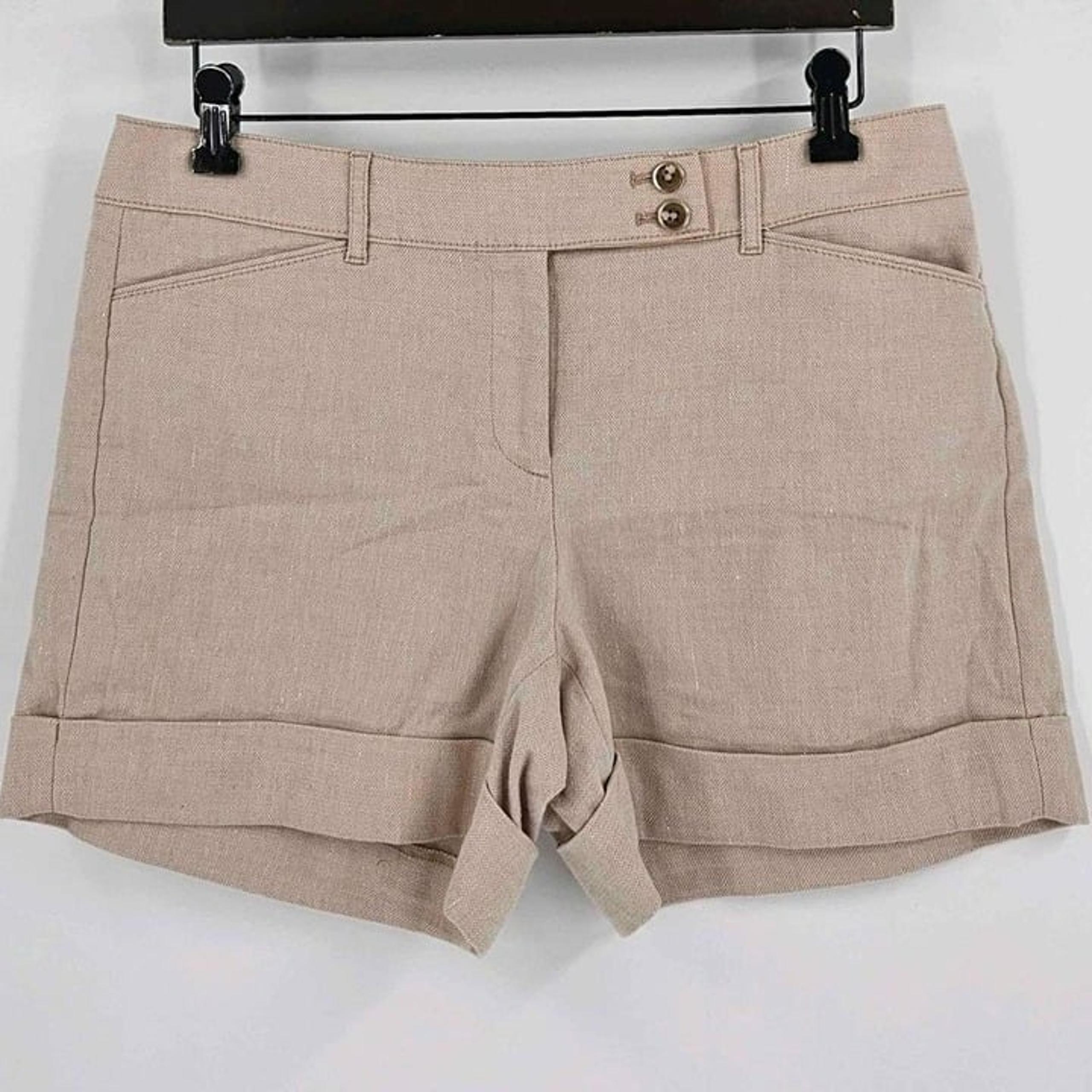 White House Black Market Womens Sz 6 Linen Blend Tan 2 Button Zip Cuffed Shorts