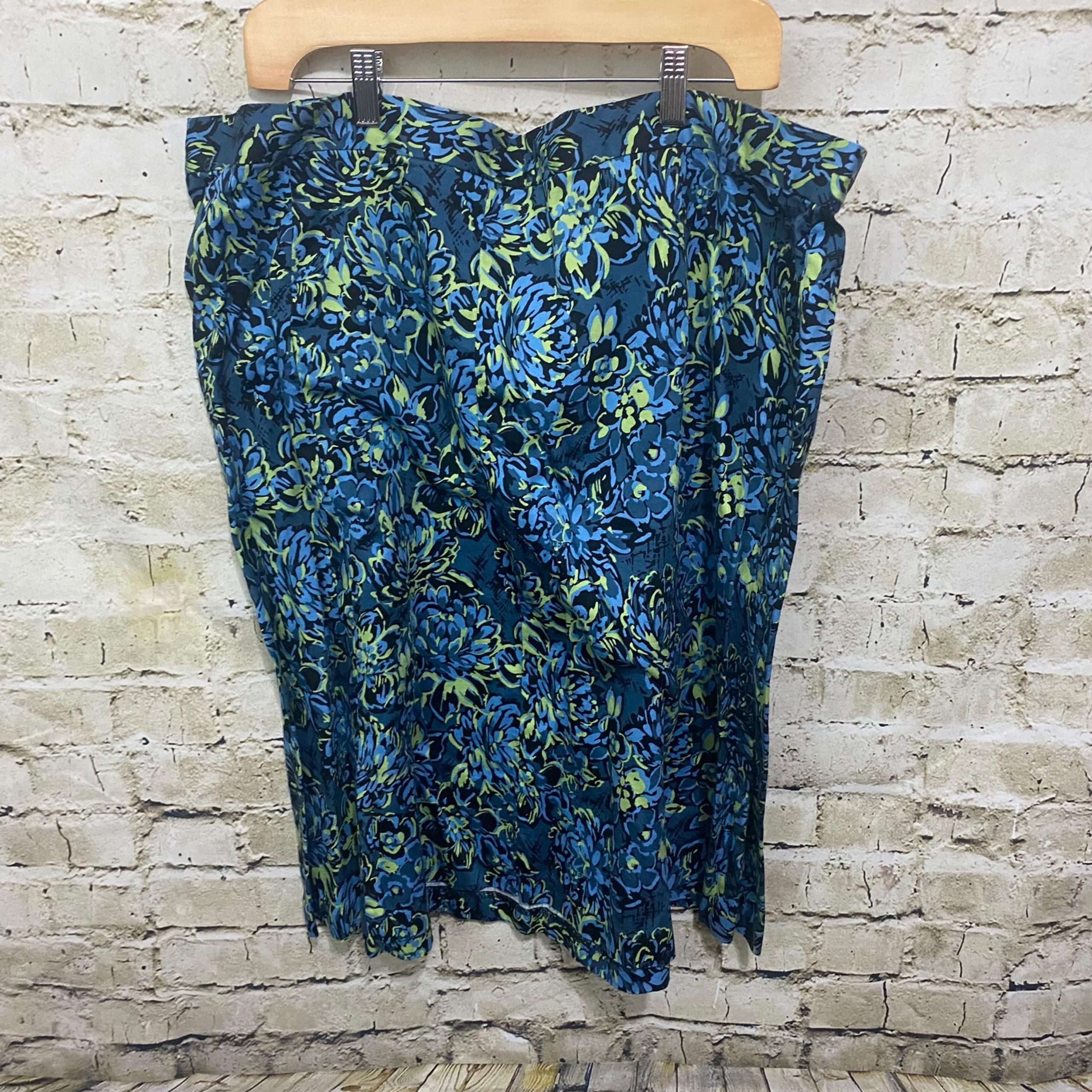 Attention Blue Green Floral Print A Line Cotton Skirt