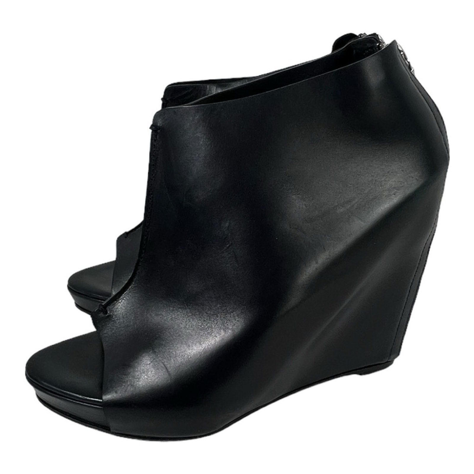 Jenni Kayne Open Toe Black Italian Leather Wedge Booties with Zipper Size 39/9