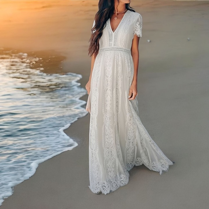 White Lace Maxi Dress Flutter Sleeves & Embroidered Elegant Beach Evening Wear S