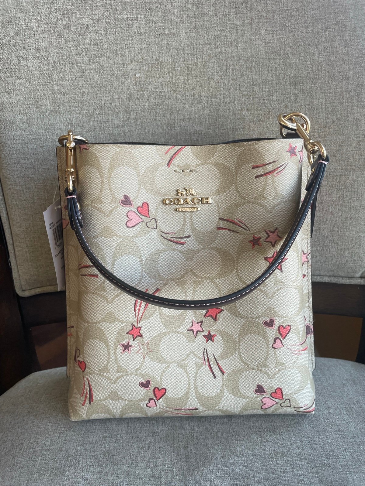 NWT！COACH MOLLIE BUCKET BAG 22 IN SIGNATURE CANVAS WITH HEART AND STAR（CJ645）