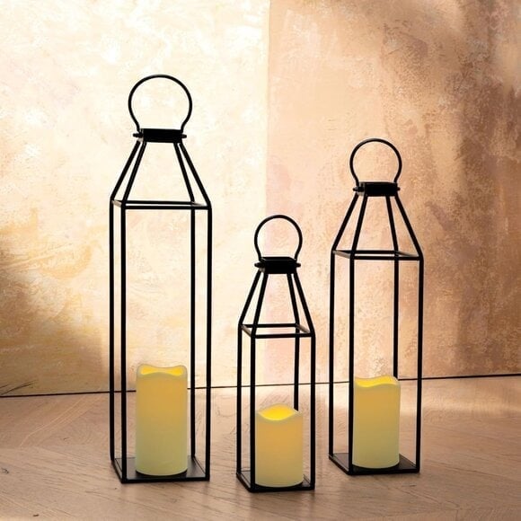 New Set of 3 Black Metal Lanterns Flameless Candle & Remote Timer for Home Decor