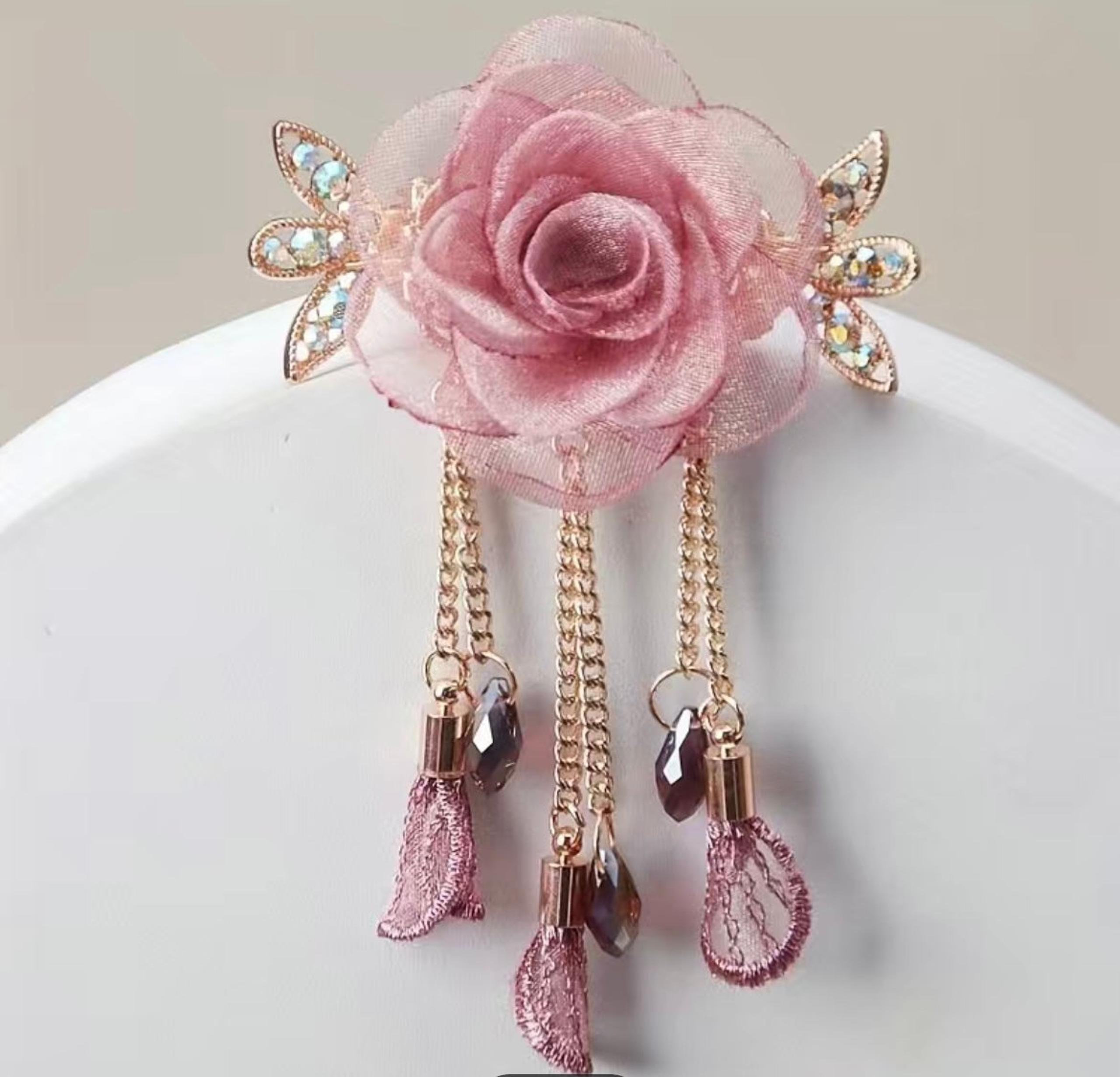 Brand New Elegant Organza Flower Tassel Hair Barrette