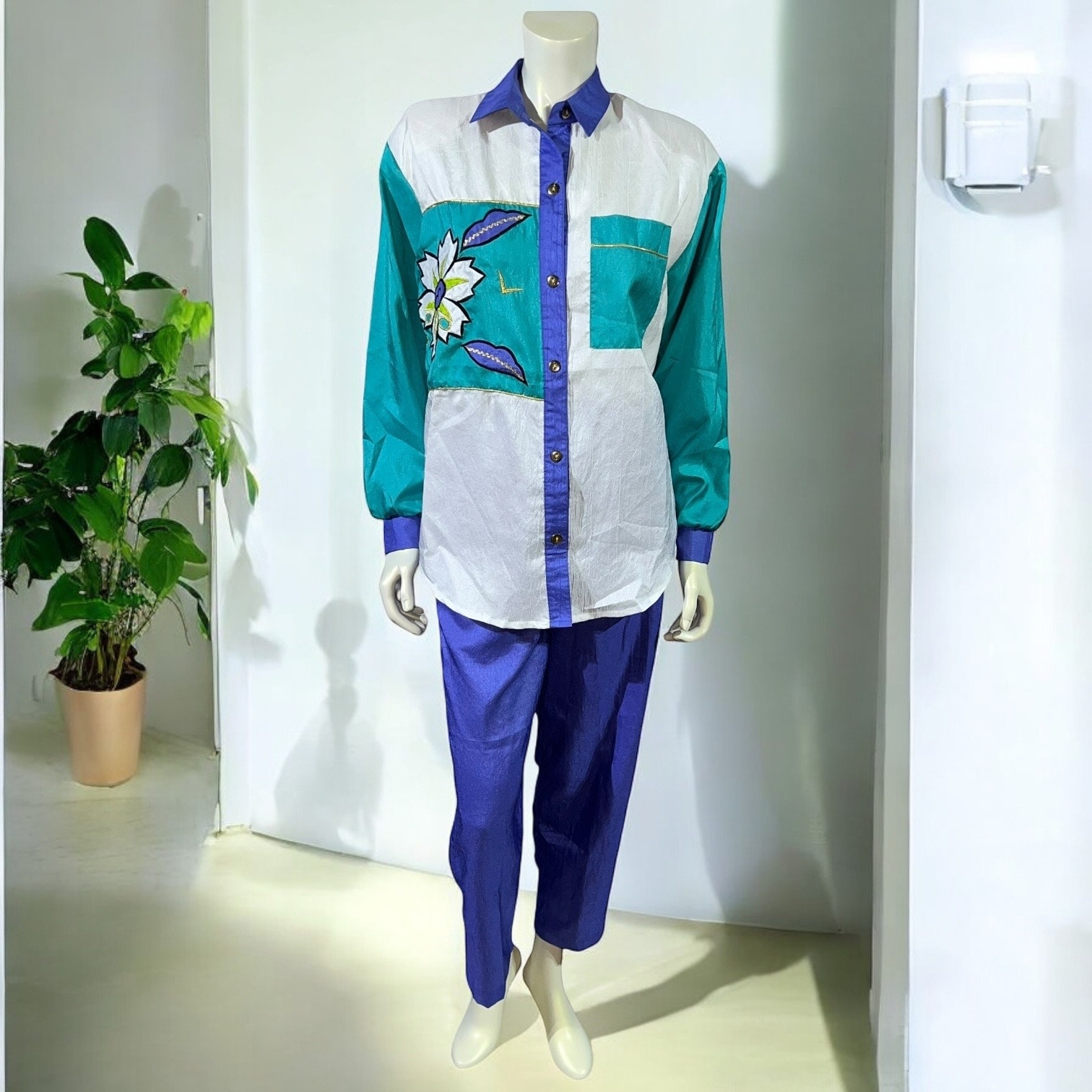 TEDDI Vintage 90s Color Block Floral Button-Up Shirt & Pants Set - Size 8/S