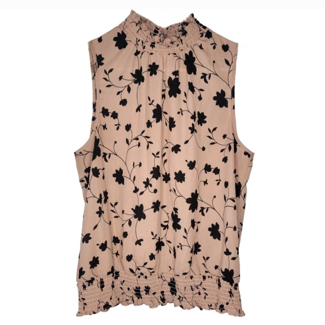 NWOT Women's Sleeveless Pink-Orange with Black Floral Print Lightweight Blouse L