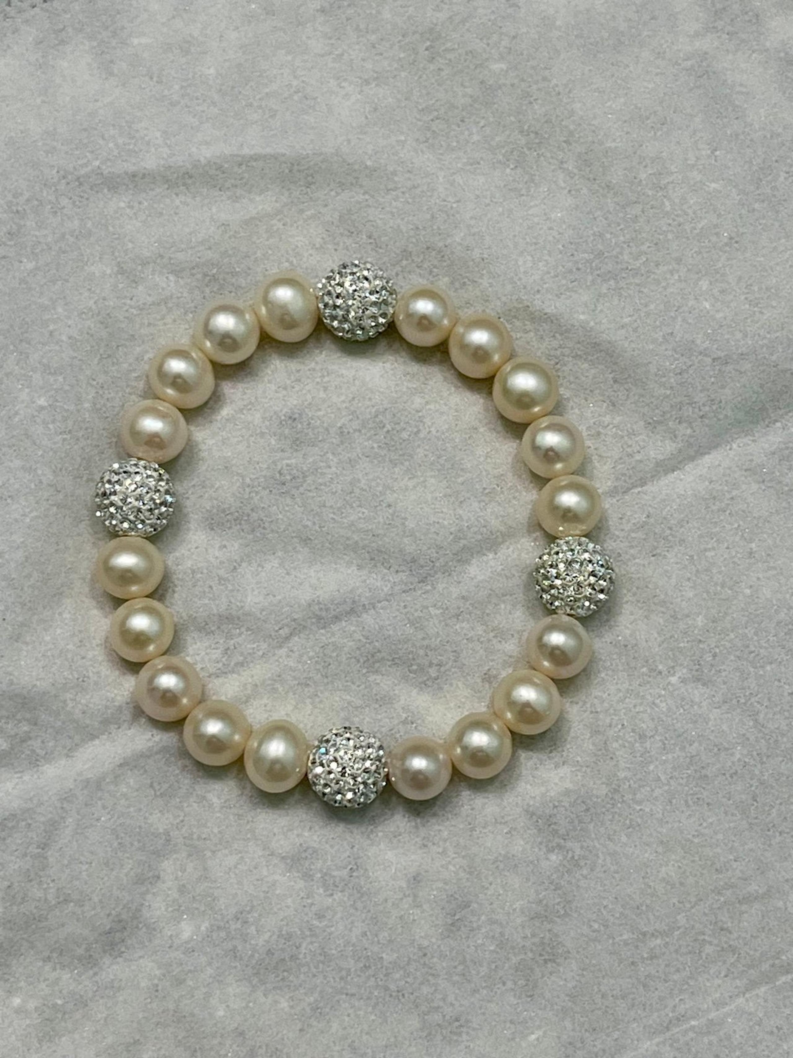 Freshwater Cultured Pearl and Crystal Ball Station Stretch Bracelet