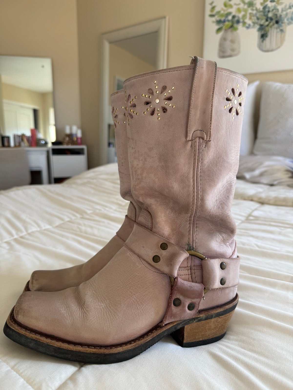 Vintage Pink Frye Harness Boots