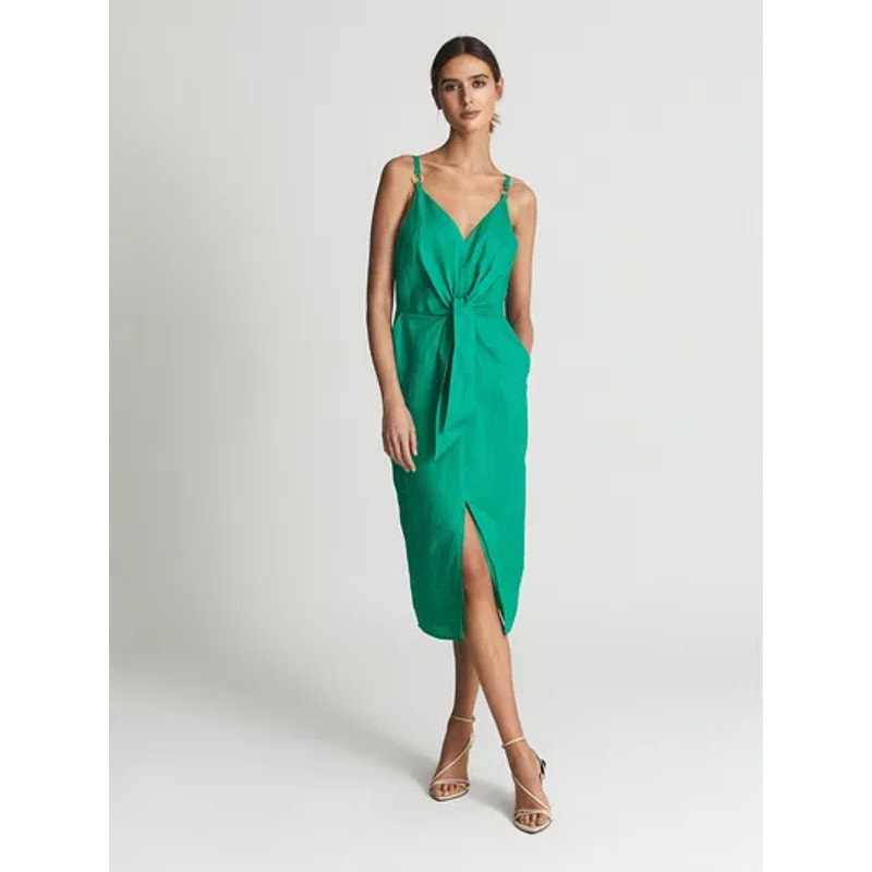 Reiss Kay Linen Plunge Dress Green Size 4 NWT