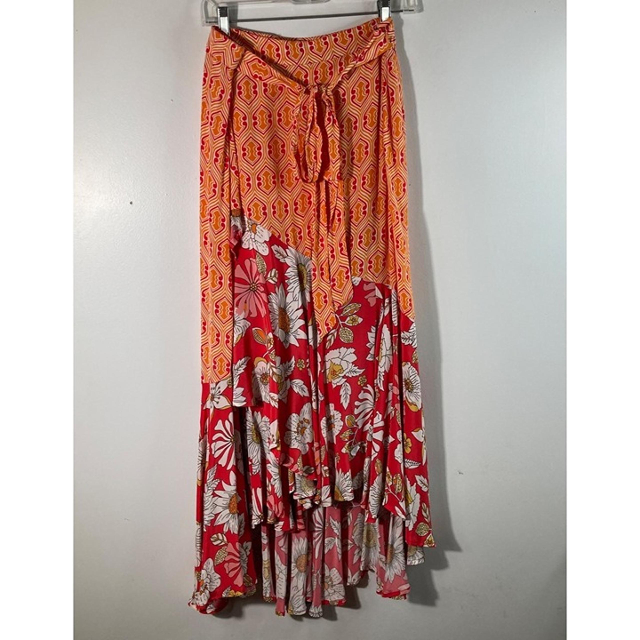 Womens Tolani Cupro Tropical Layered Midi Skirt Tie Wrap Asymmetrical L NWOT