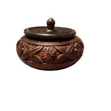 Handmade Vintage Carved Wooden Trinket Box With Lid Floral Design 3.5 Inch Heigh