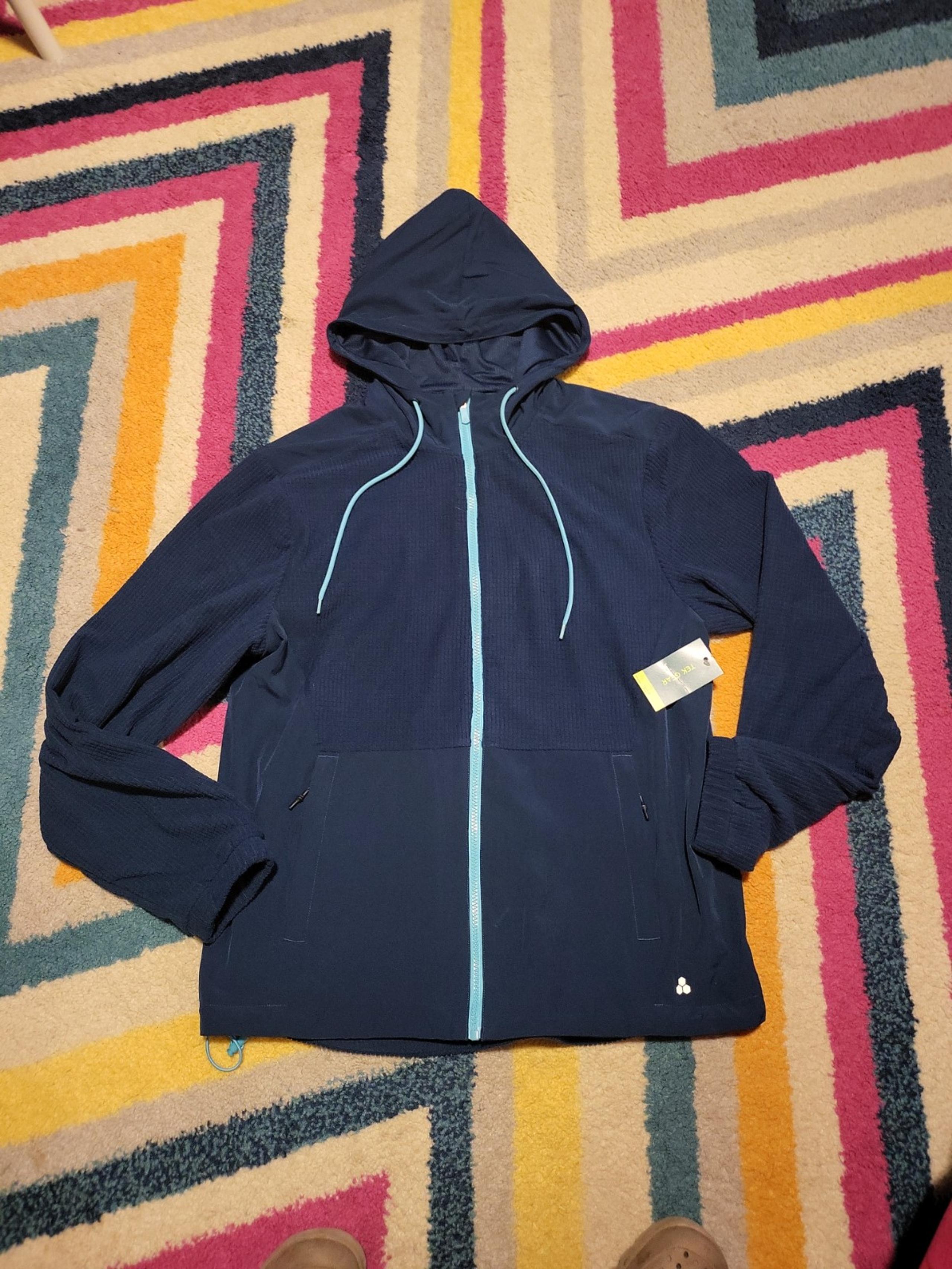 NWT Men's Medium Tek Gear Performance Jacket Blue Full Zip Hooded Waffle Knit