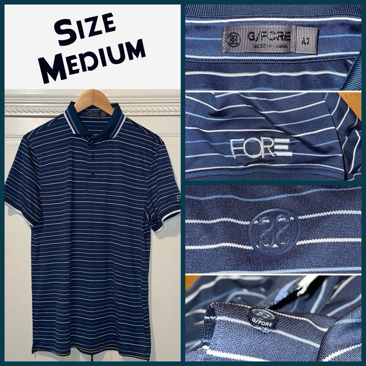 G/Fore Shirt Men Medium Dark Blue Striped Polo Embroidered Fore Logo Golf Preppy