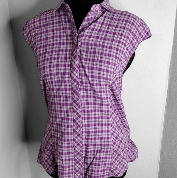 Lafayette 148 New York Plaid Hidden Button Cotton Blend Top Size 4 NWOT