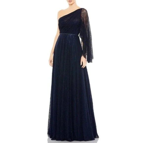 NWT Mac Duggal Womens Size 14 Navy Blue Sequin Cape Sleeve One-Shoulder Gown NEW