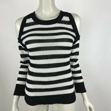 Rag Bone Open Shoulder Stripe Knit Top Long Sleeve Black White Pullover Women XS