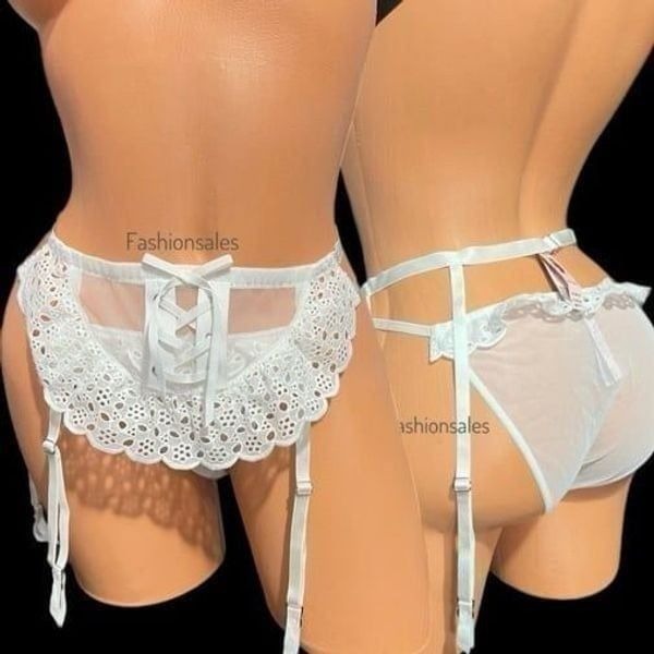 Victorias Secret Dream Angels Eyelet Lace Garter Belt Skirt & Bikini panty Set L
