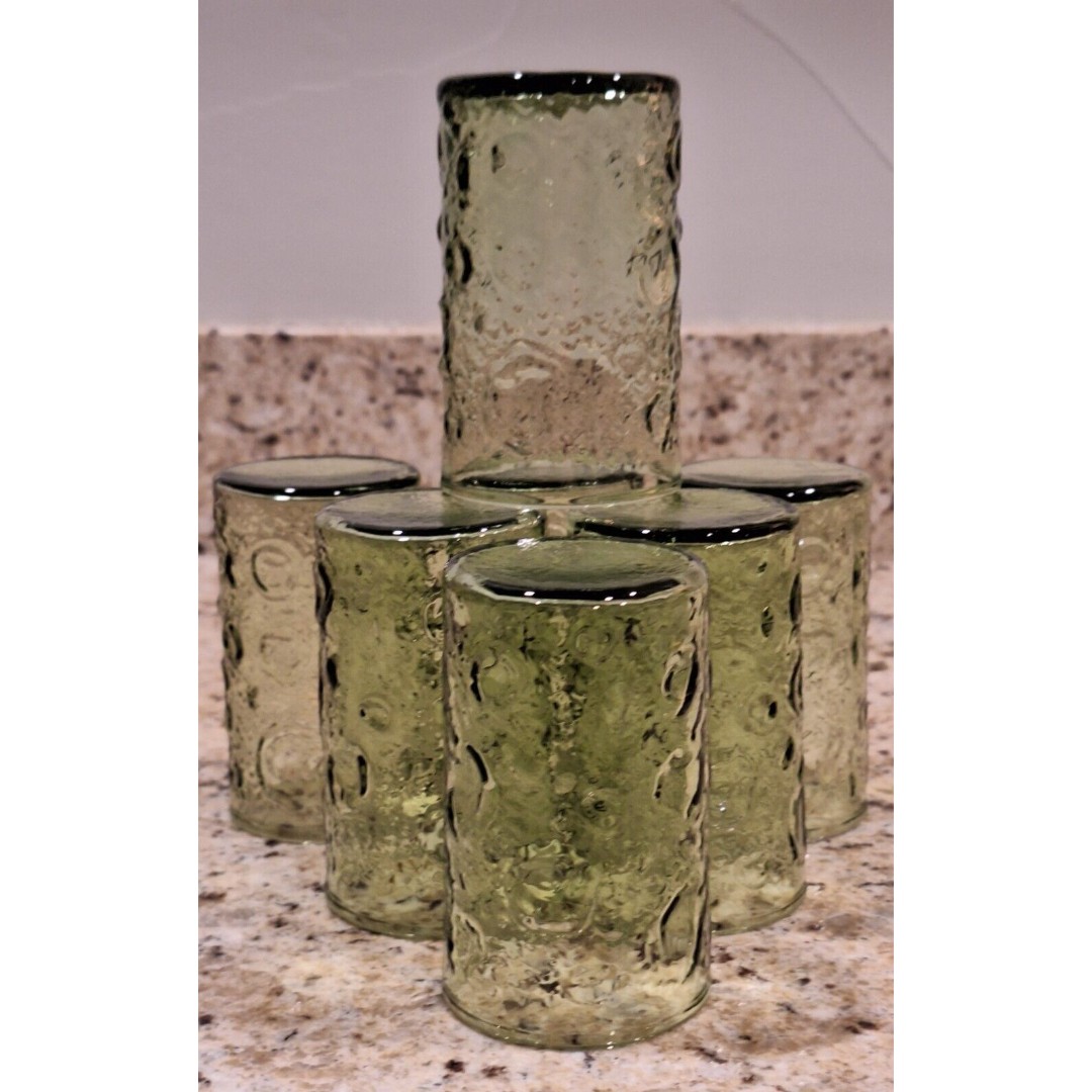 Set of 7 VTG Imperial Textured Glass Green Thumbprint 4 Mini Juice Glasses