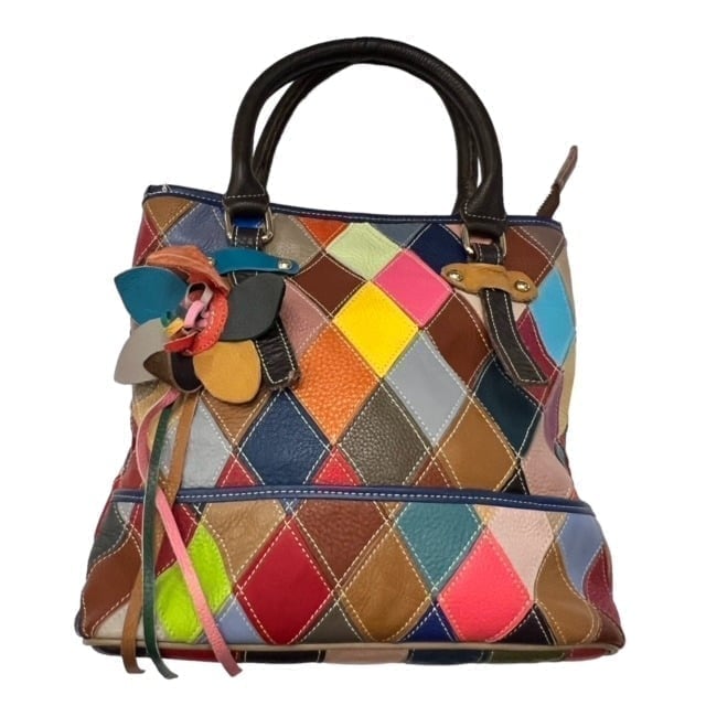 Genuine Leather Triangle Patchwork Bag BOHO Tote Two Handle Colorful Floral EUC
