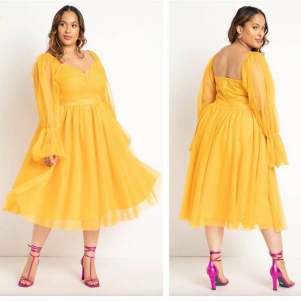 NWT Eloquii Women's Plus Size 14 Tiered Puff Sleeve Dress in Golden Glow