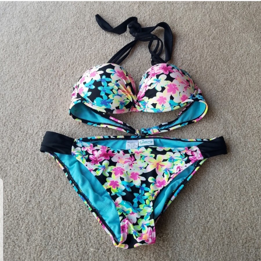 Sexy Black Multi Floral Push-up Halter Bikini SET California Waves