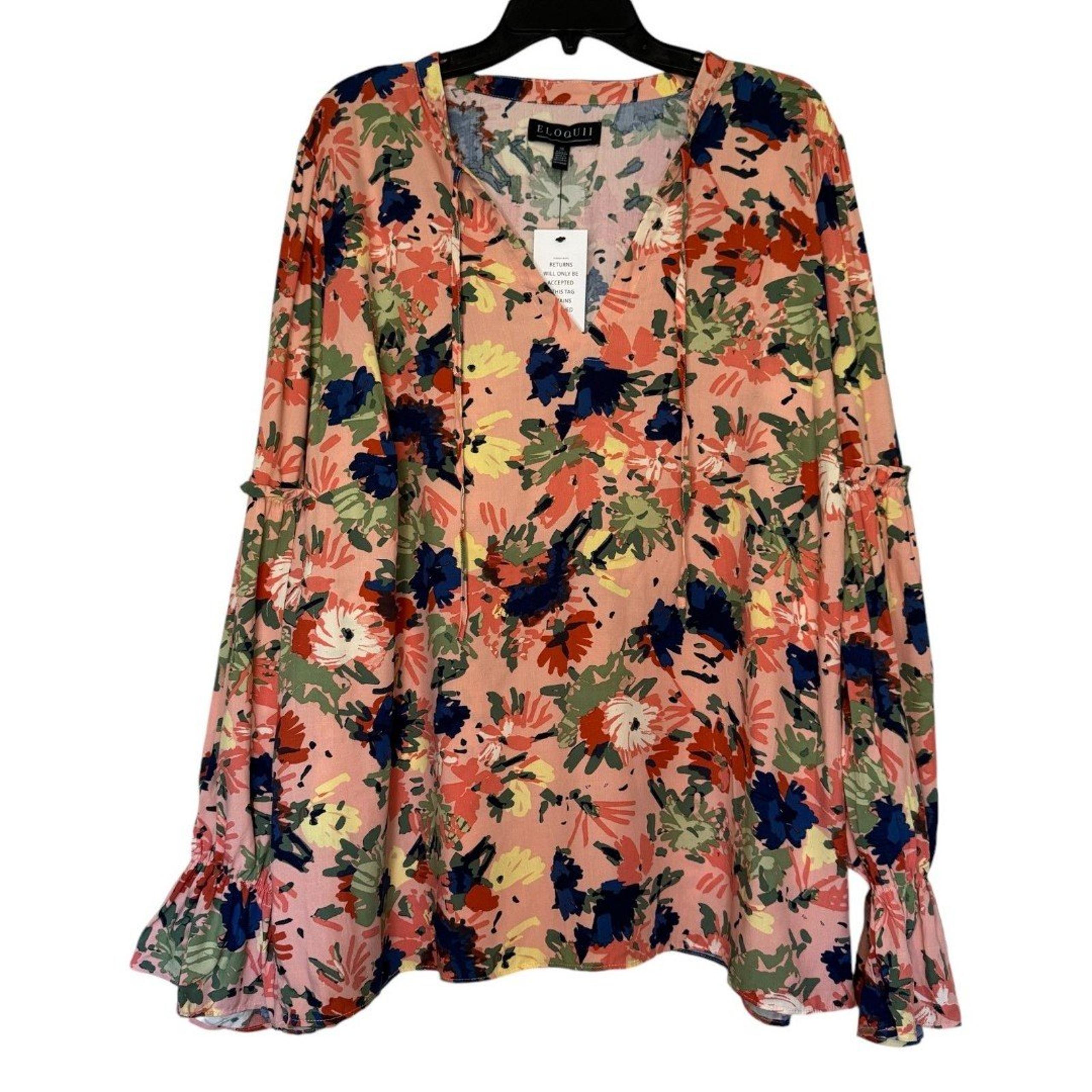 NEW Eloquii women's plus size 20 soft gathered Yoke floral orange blouse top
