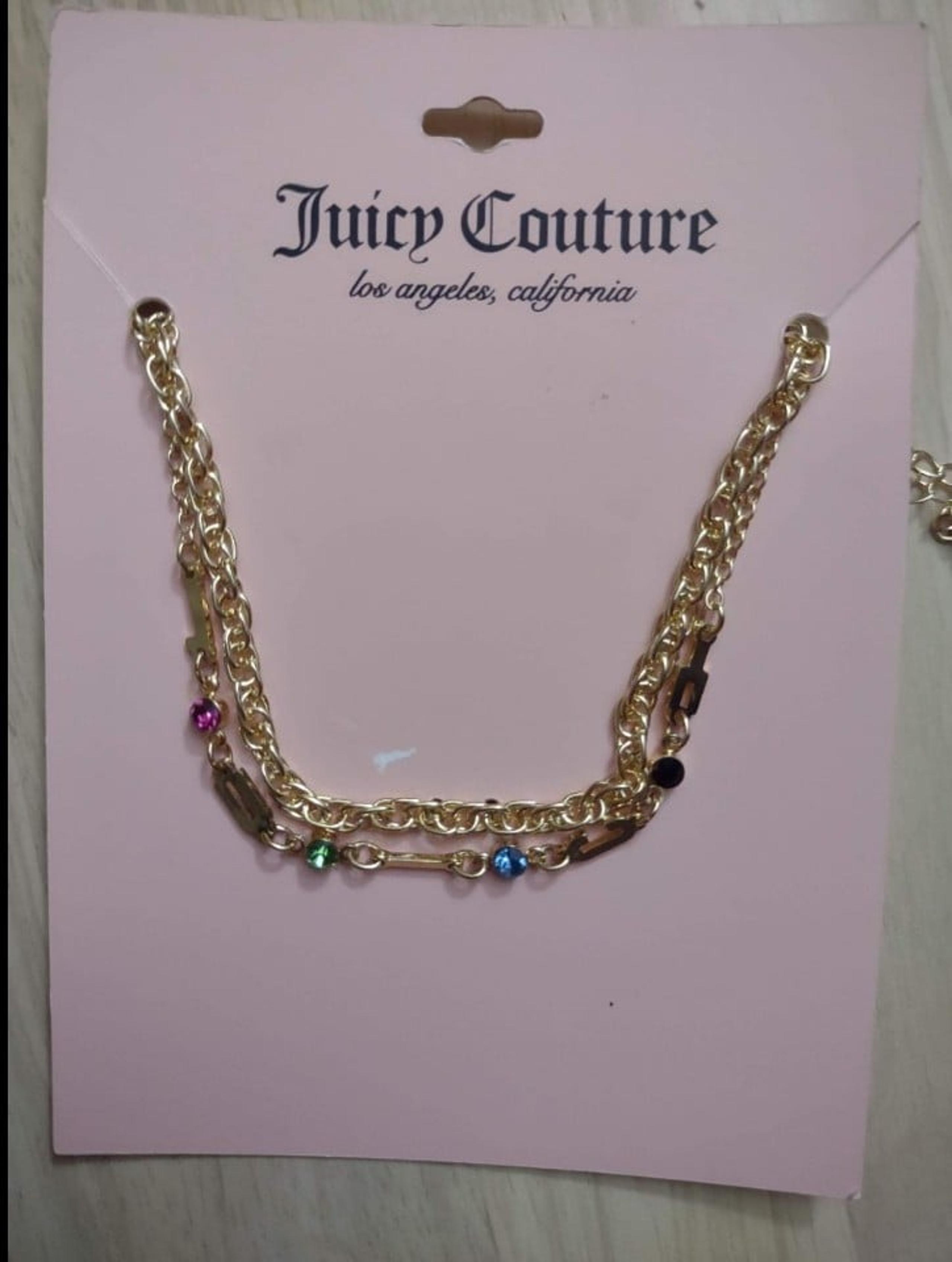 Juicy Couture Gold Letters Charm Colorful Crystals Long Chain Necklace Y2K