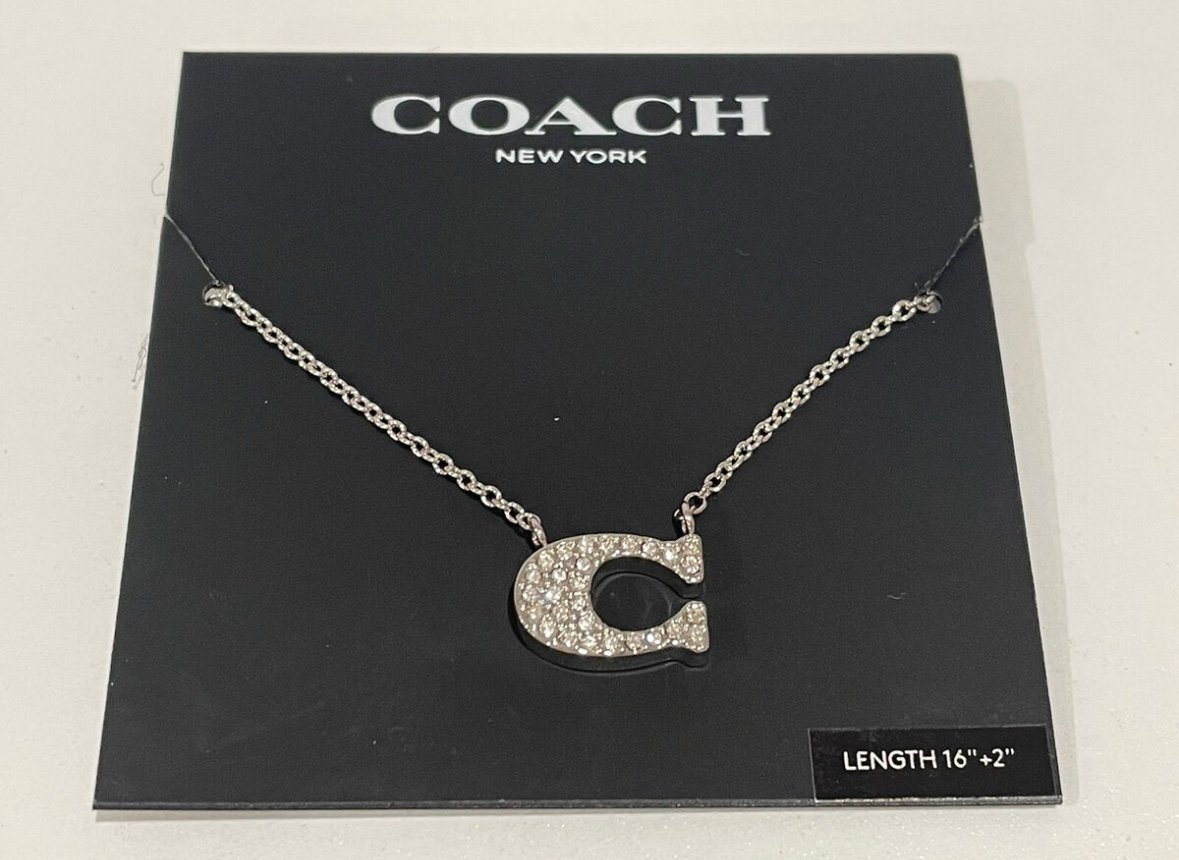 NWT COACH Pave Signature Necklace Silver Length 16 +2 ; Silver