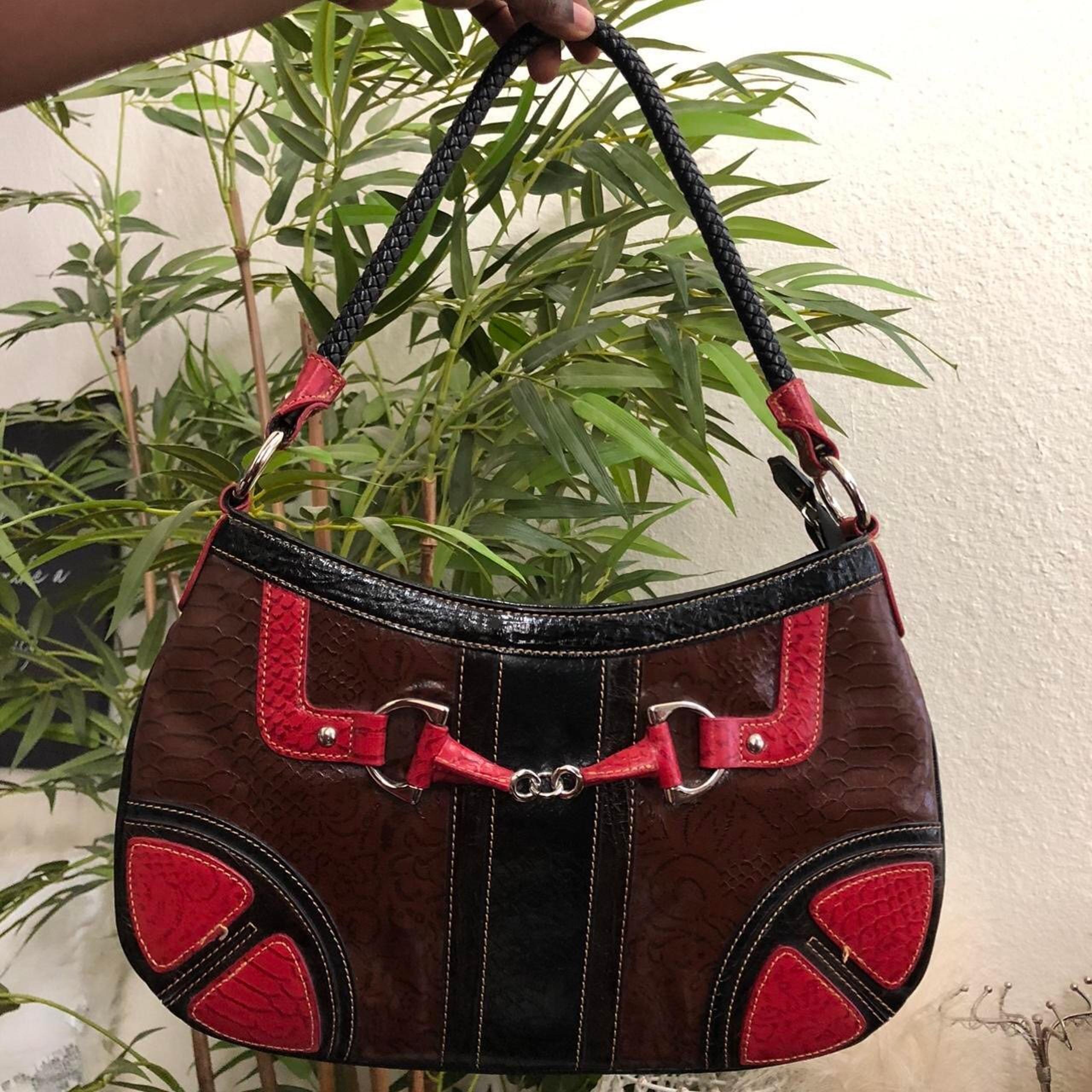 2000s Y2K Whimsygoth Brown black red leather patchwork shoulder hand bag purse