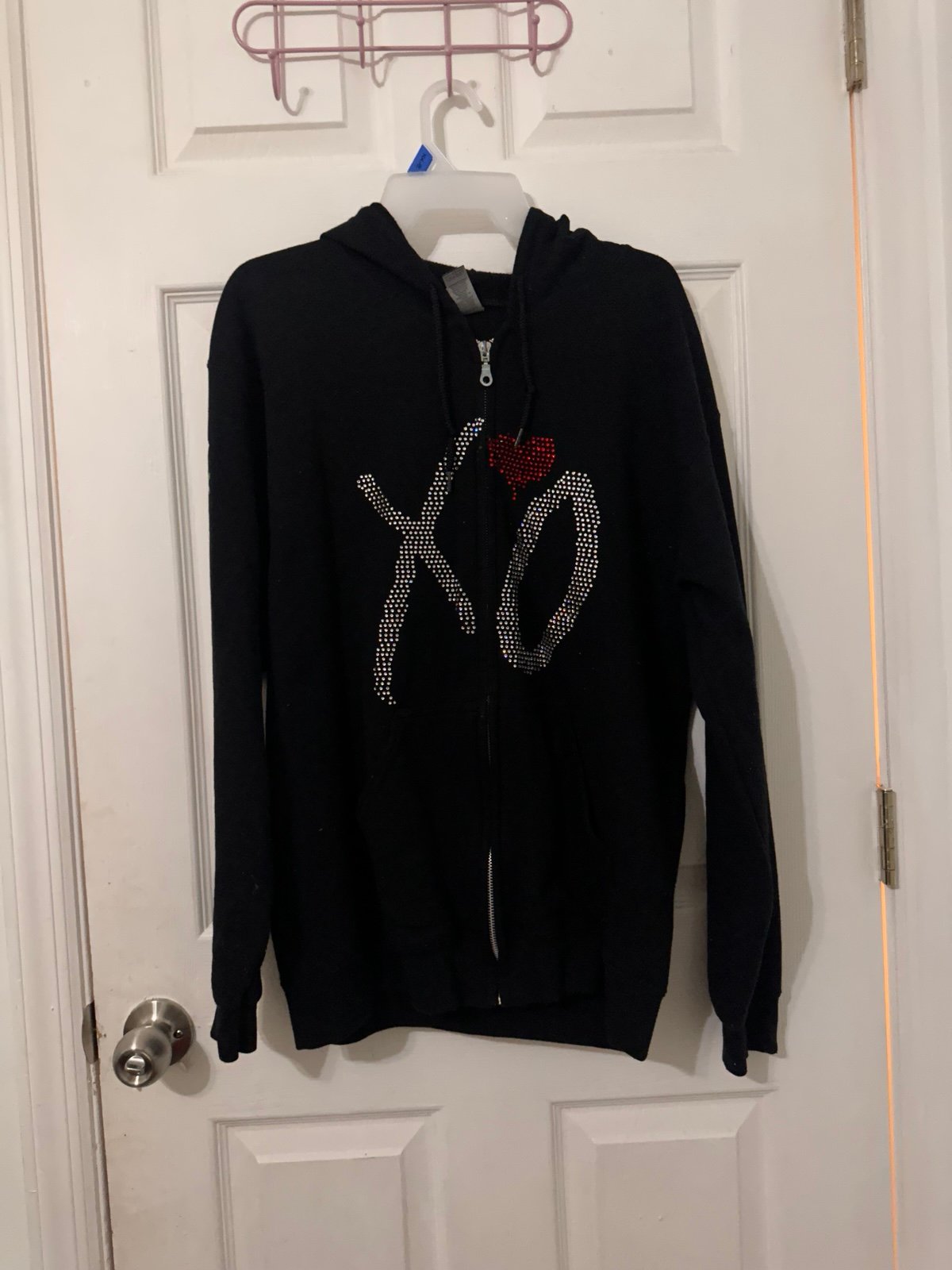 XO rhinestone zip up hoodie