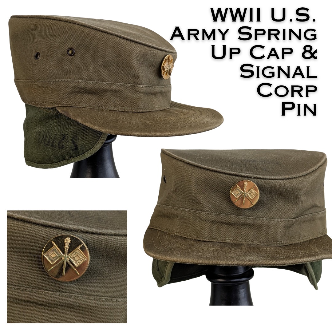 U.S. Army WWII Louisville Spring Up Cap w/ Earflaps + Signal Corp Pin Military