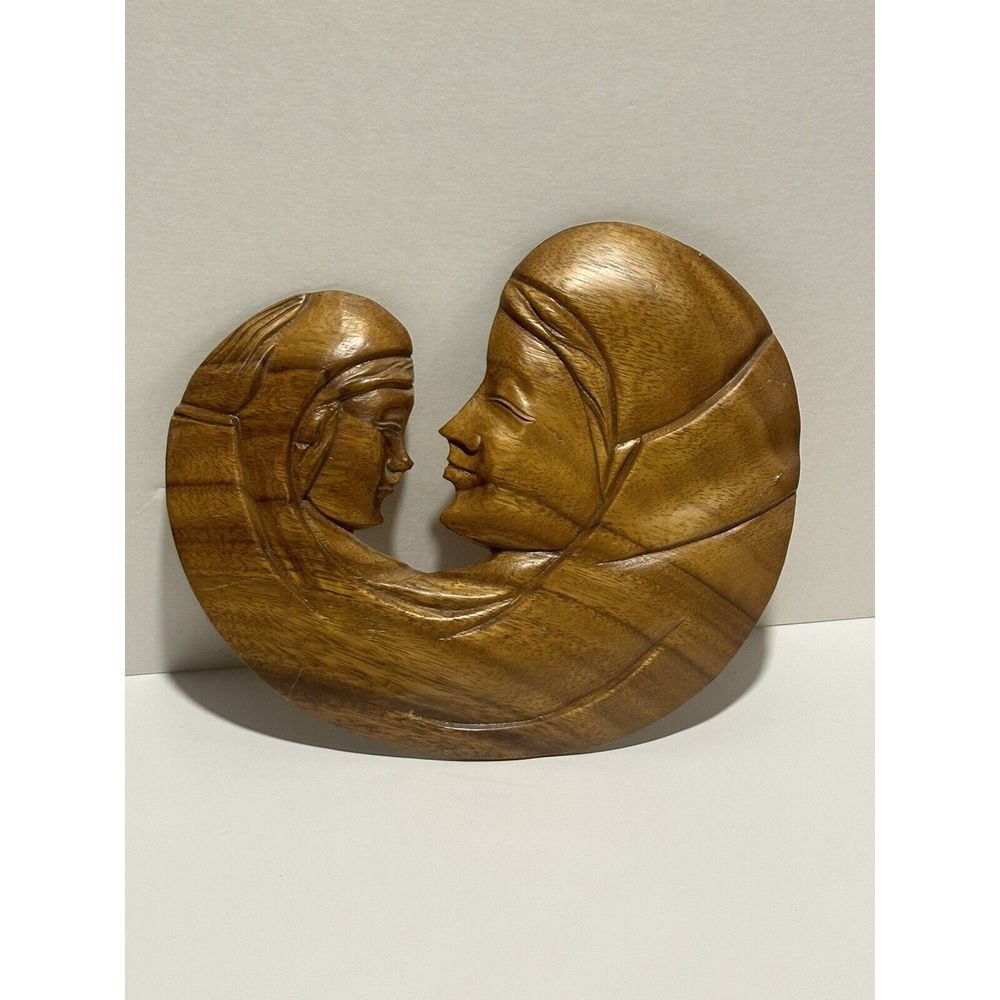 Vintage 8 Inch Thin Carved Wood Madonna And Child Wall Hanging Mary Baby Jesus