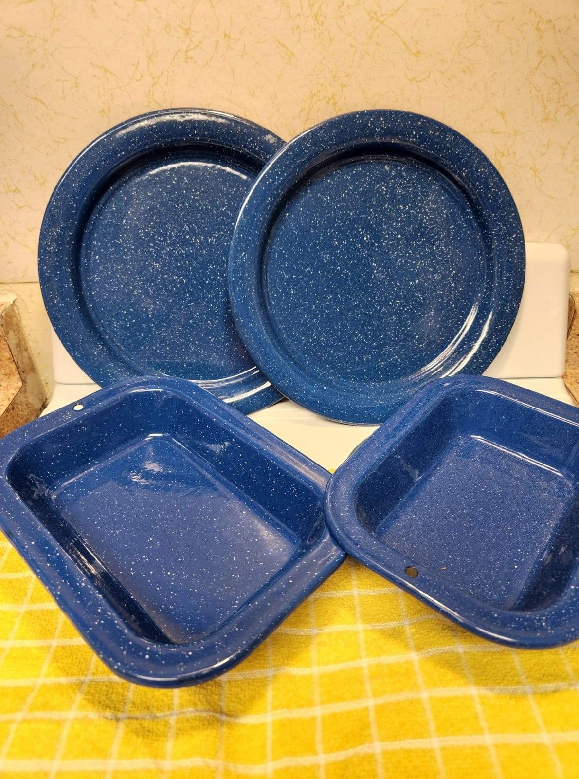 Vintage Blue & White Speckled Dinnerware - 4 PC