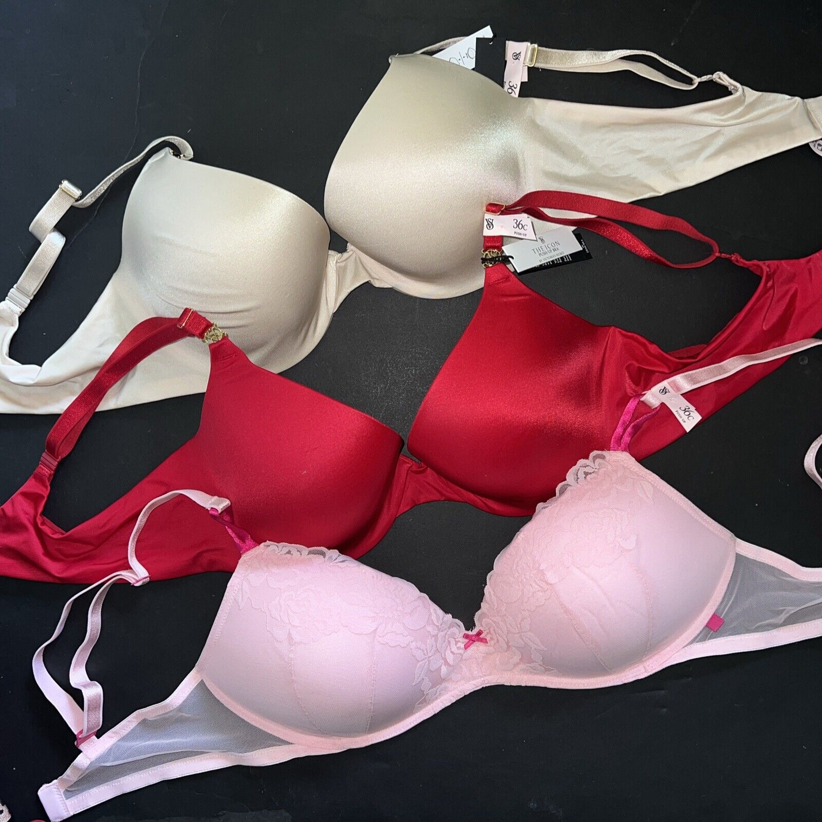 Victoria's Secret 36C BRA LOT PINK BEIGE RED ICON VERY SEXY TEE WIRELESS GOLD