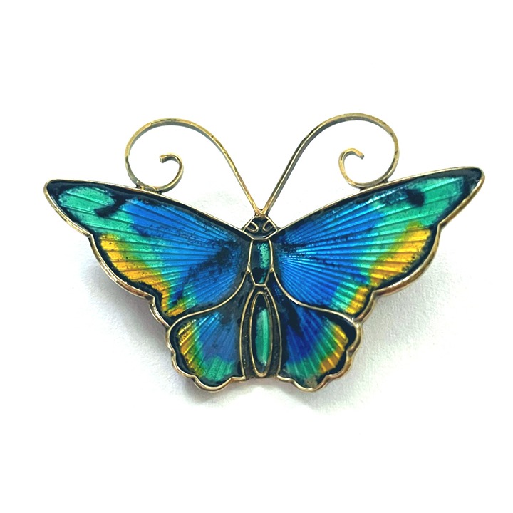 David Andersen Norway Sterling Silver Enamel Butterfly Brooch Blue Green Yellow