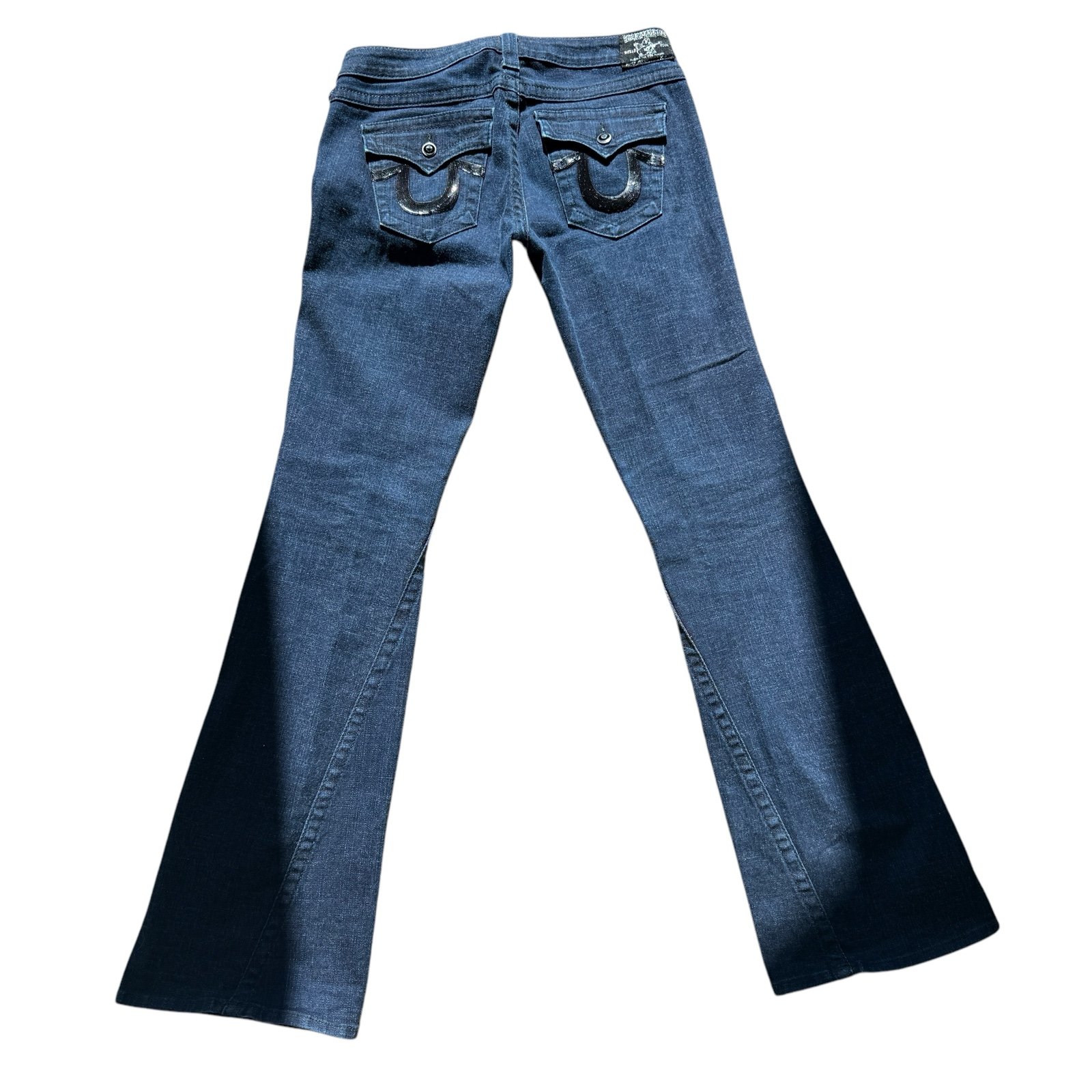 True Religion Women's Flared Jeans Size 30 Blue Medium Wash Denim Black Sequins