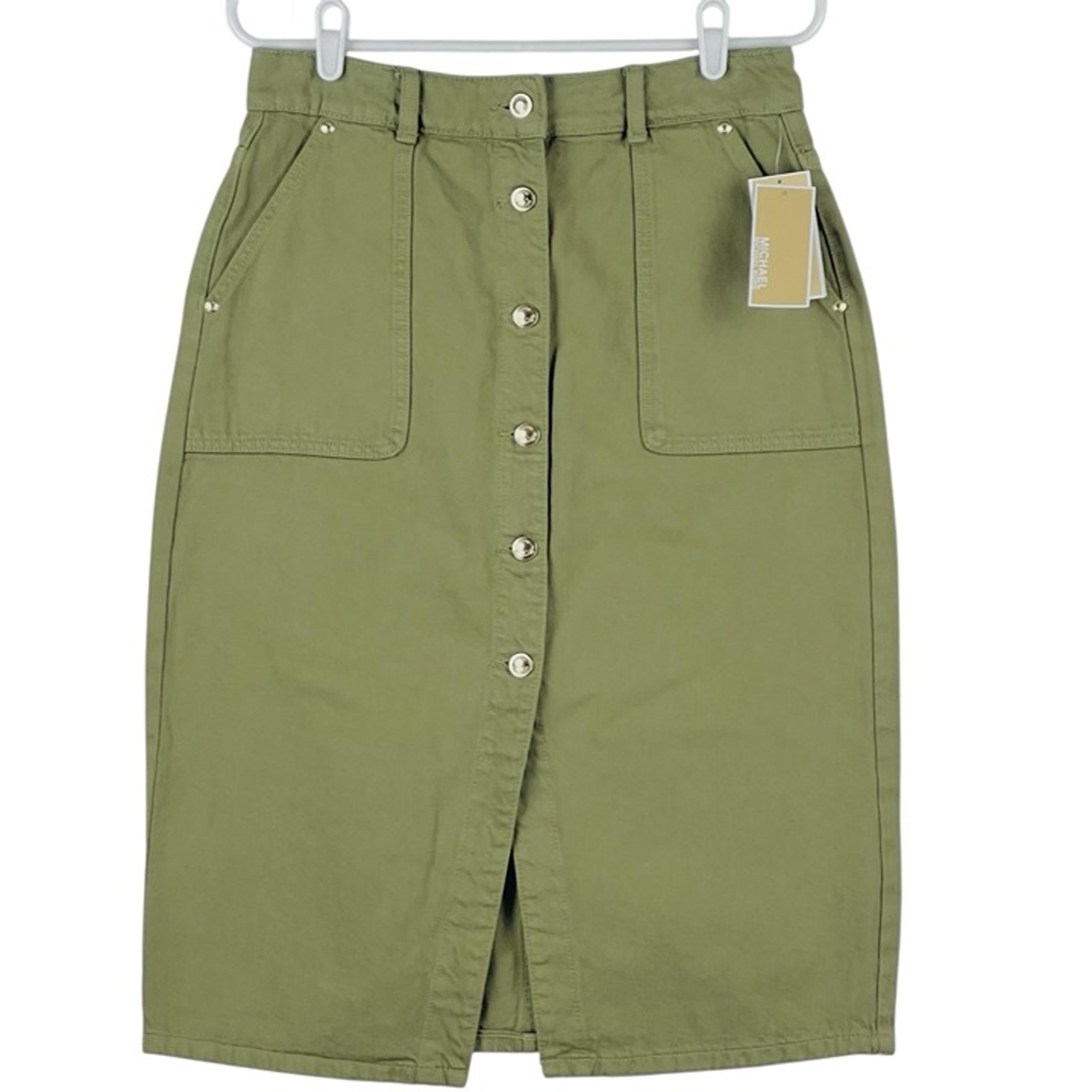 Michael Kors Women's Smoky Olive Denim Skirt Size 8 Gold Buttons Front NWT $110