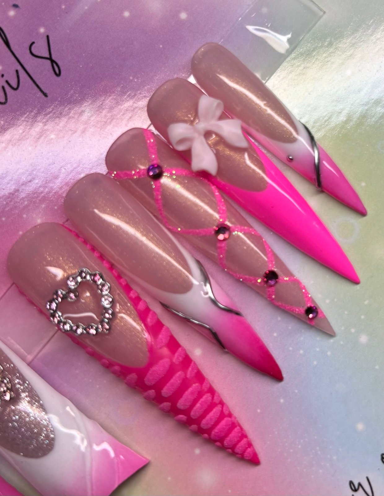 3XL stiletto press on nails rhinestones pink bow French tips white ombré silver