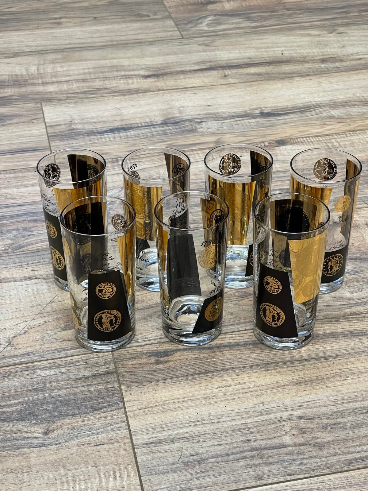 Vintage libbey mid century black and gold coin glasses set of 7