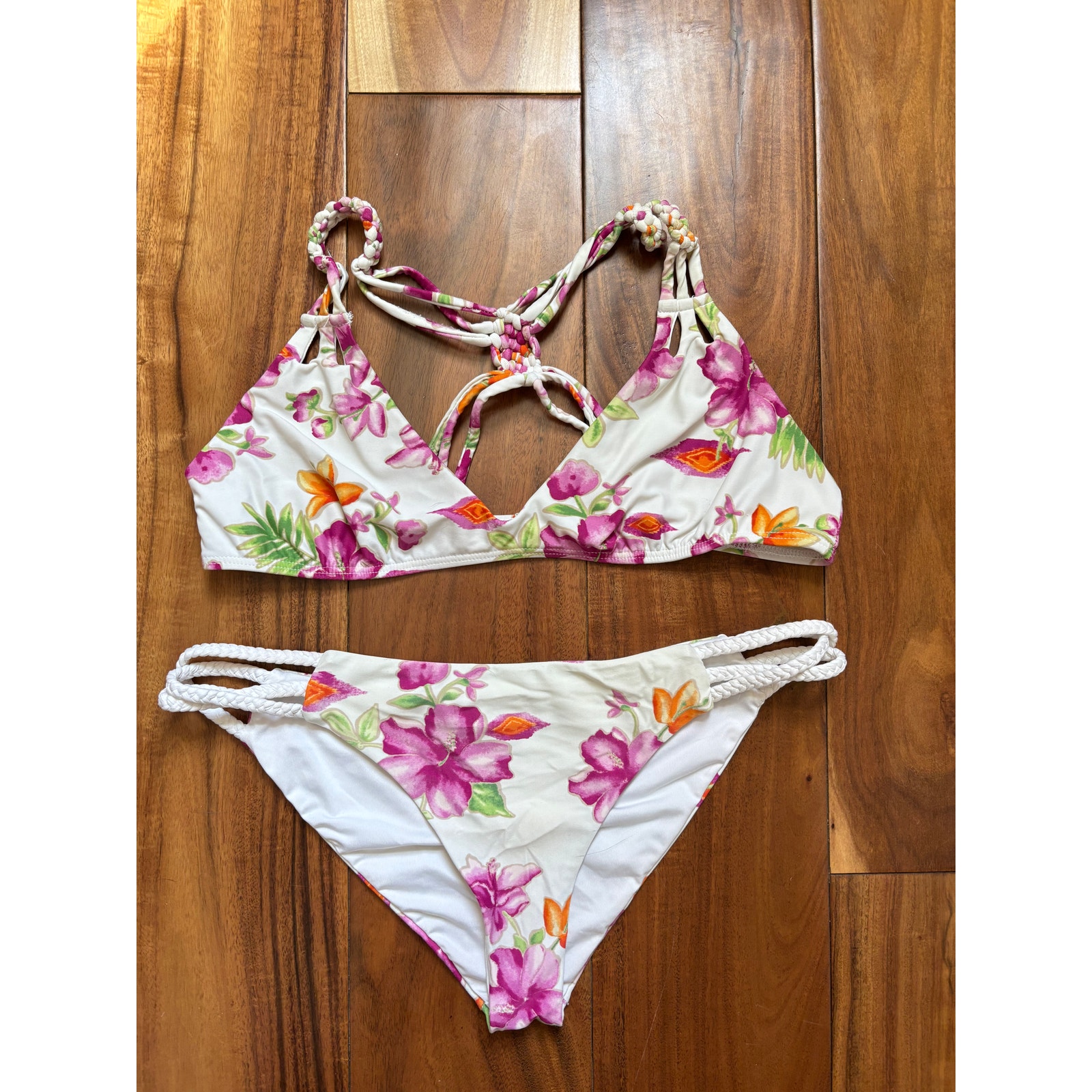 Frankies Bikinis Floral Triangle Bikini Set Pink & Orange Hibiscus Print Medium