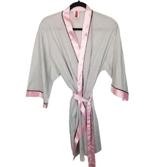 Josie Natori Women's L Checker Bath Robe Pink Satin Trim