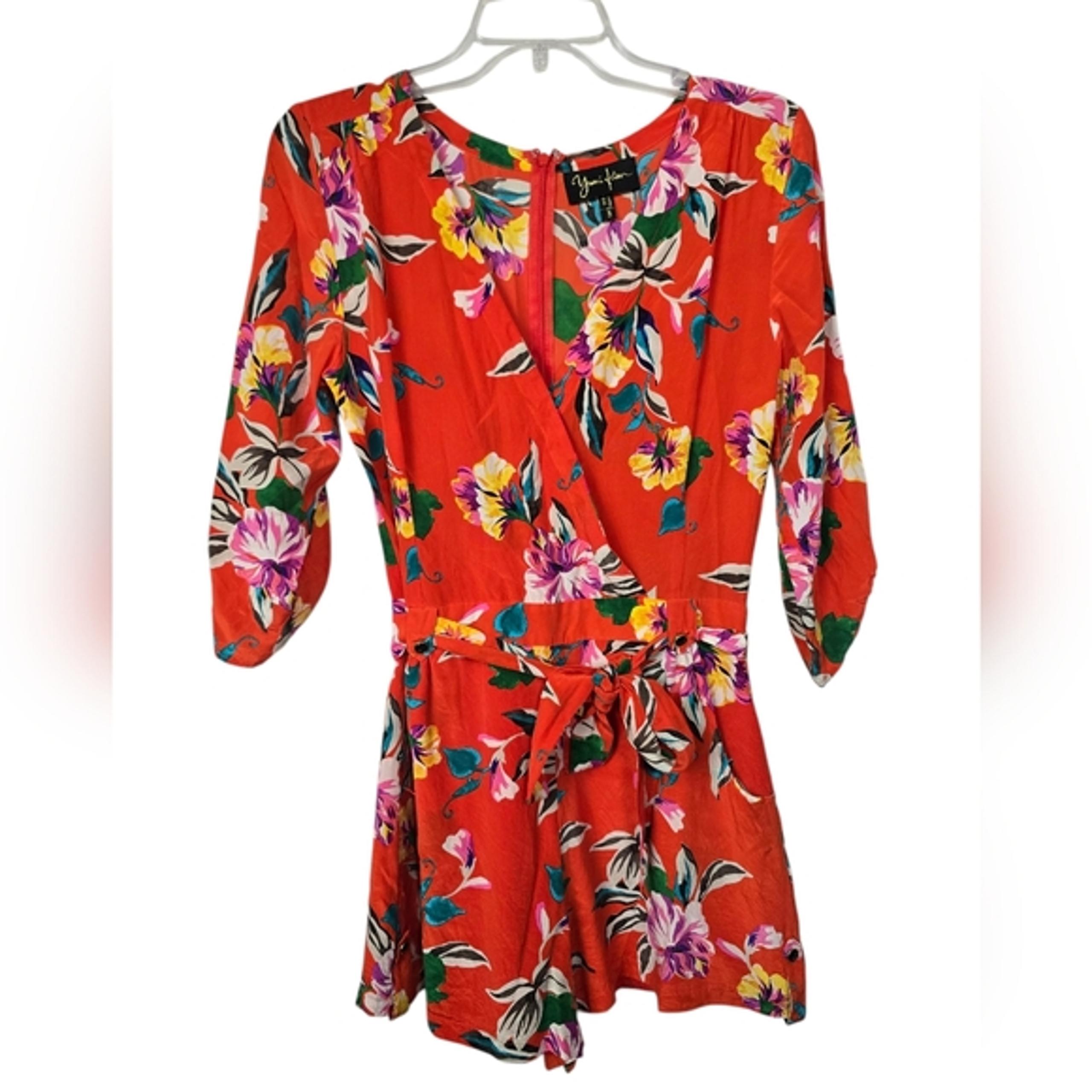 Yumi Kim Orange Floral V Neck Belted Silk Romper S