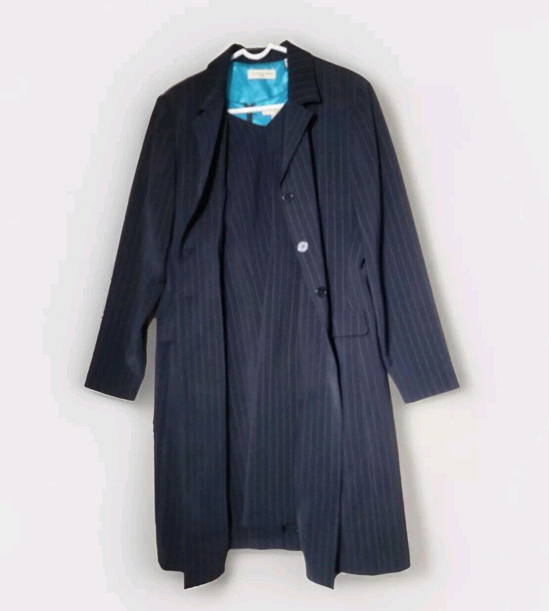 Amanda Smith Pinstripe Dress Suit 2pc Dress + Long Blazer Jacket Size 12 Navy